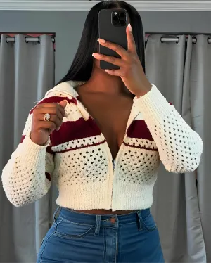 Hollow Stripe Crochet Crop Sweater – Y2K Full Sleeve Zip Knit Jacket