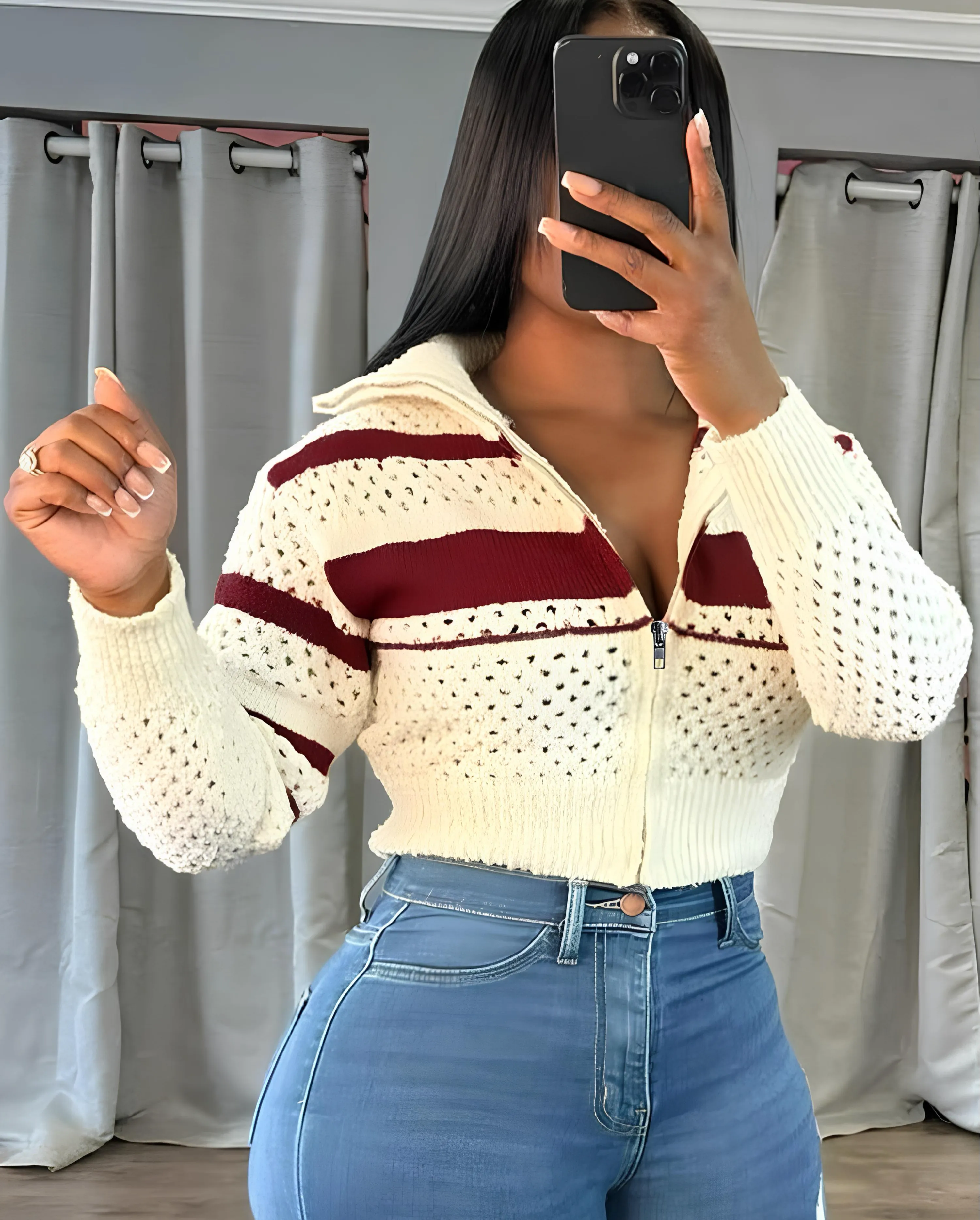 Hollow Stripe Crochet Crop Sweater – Y2K Full Sleeve Zip Knit Jacket