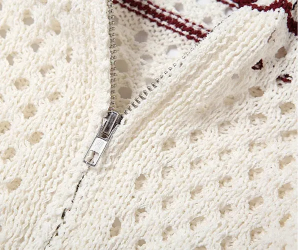 Hollow Stripe Crochet Crop Sweater – Y2K Full Sleeve Zip Knit Jacket