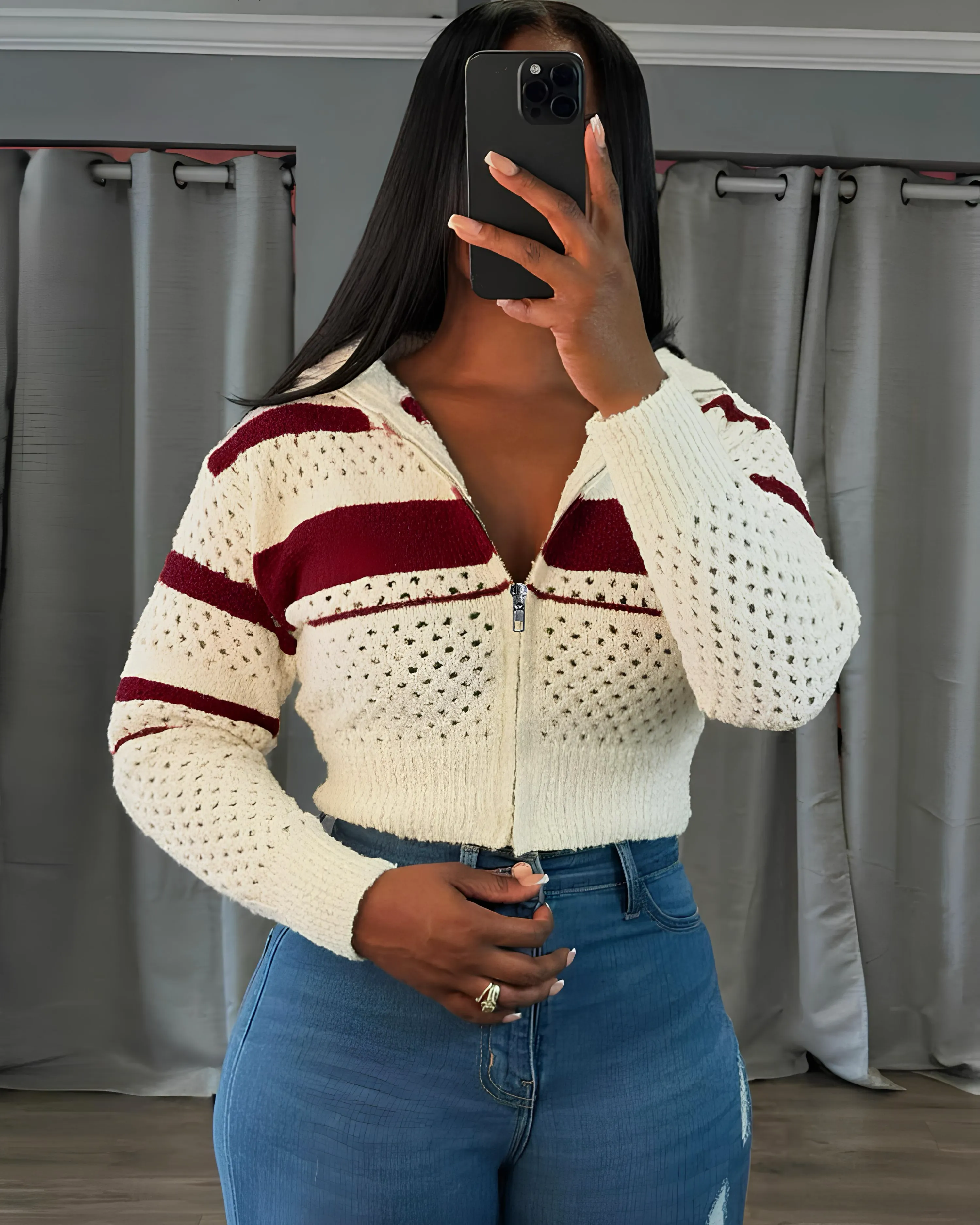 Hollow Stripe Crochet Crop Sweater – Y2K Full Sleeve Zip Knit Jacket
