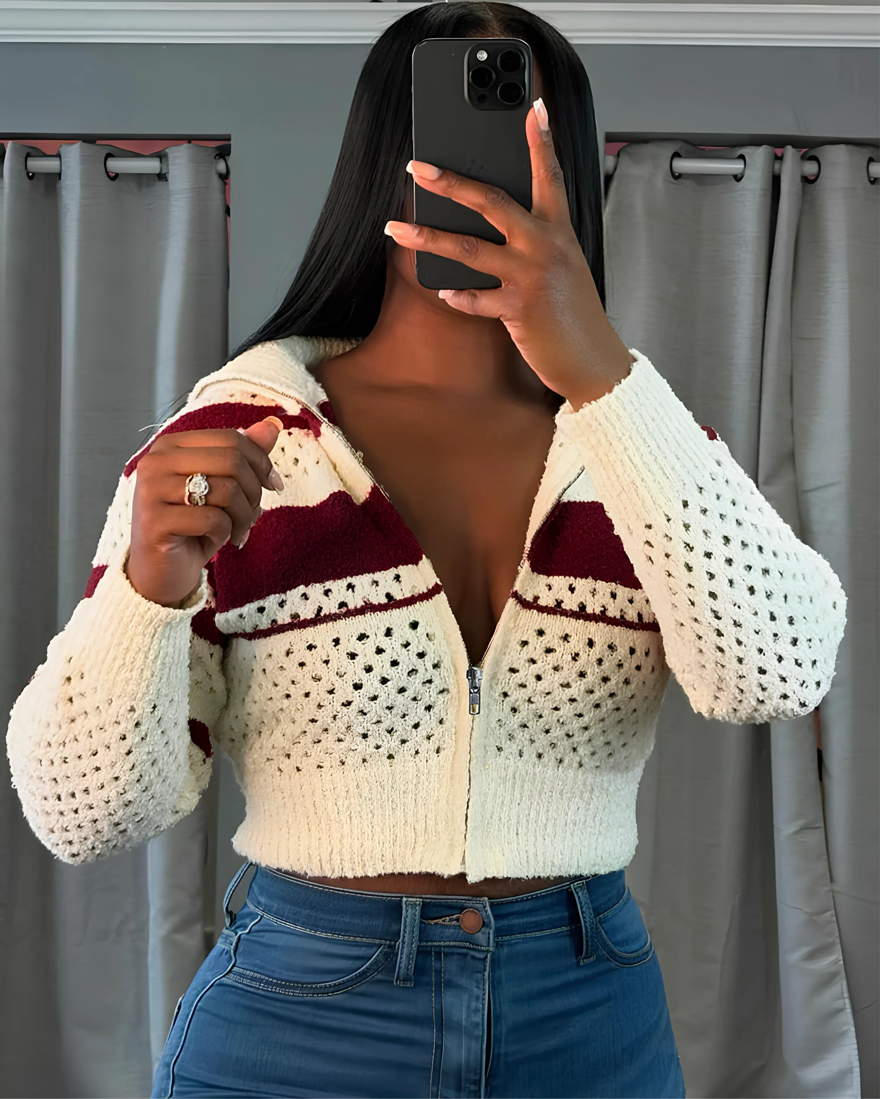 Hollow Stripe Crochet Crop Sweater – Y2K Full Sleeve Zip Knit Jacket
