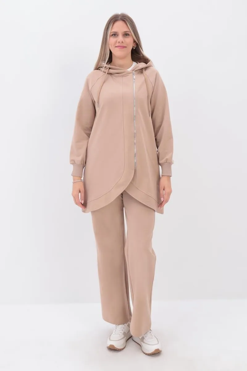 Hooded Wide-Leg Tracksuit Set | Beige