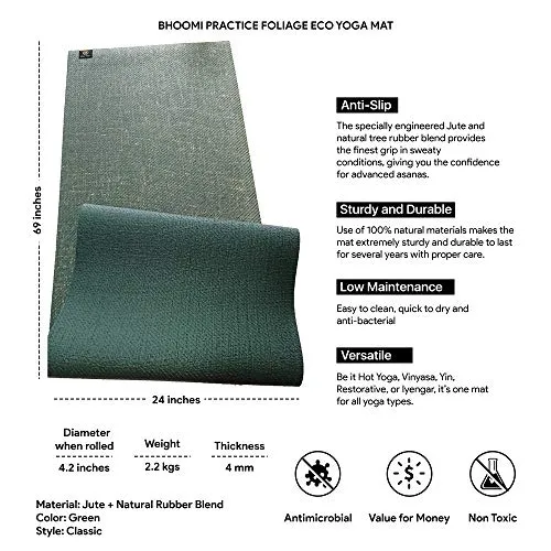 Ida Yog Eco-Friendly Yoga Mat Sturdy Top Layer, Anti-Slip, Right Thickness (4 Millimetres, Green) Bhoomi Practice Foliage