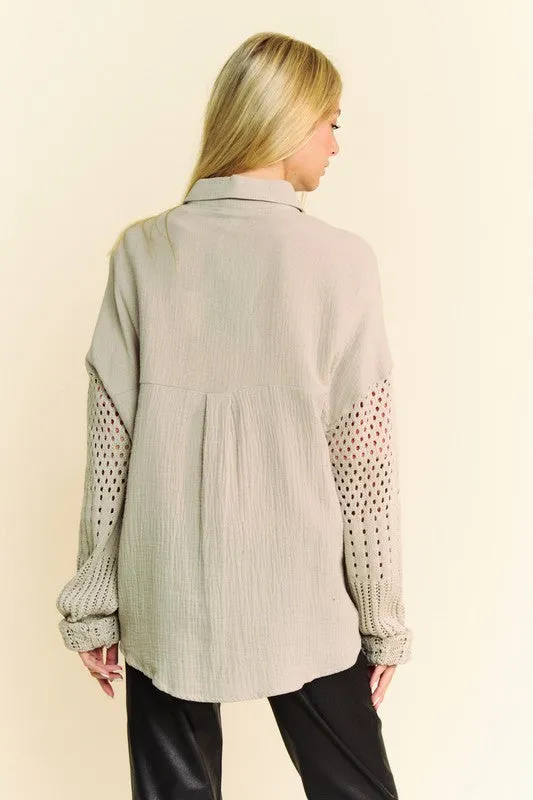 Khaki Crochet Sleeve Crinkled Texture Shirt