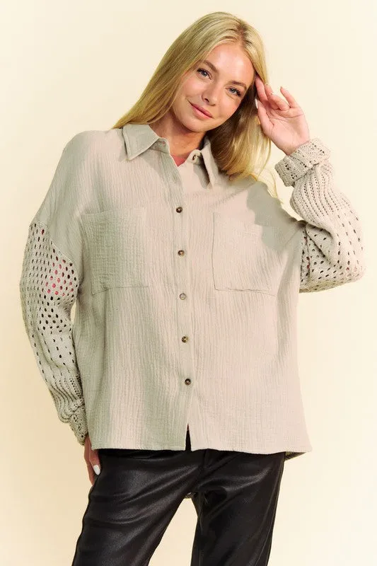 Khaki Crochet Sleeve Crinkled Texture Shirt