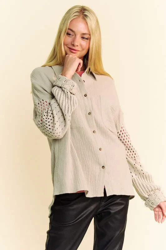 Khaki Crochet Sleeve Crinkled Texture Shirt