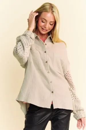 Khaki Crochet Sleeve Crinkled Texture Shirt