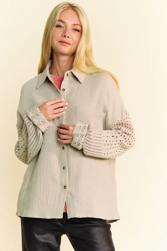 Khaki Crochet Sleeve Crinkled Texture Shirt