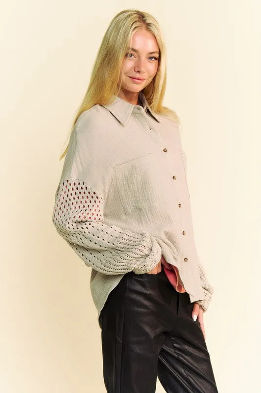 Khaki Crochet Sleeve Crinkled Texture Shirt