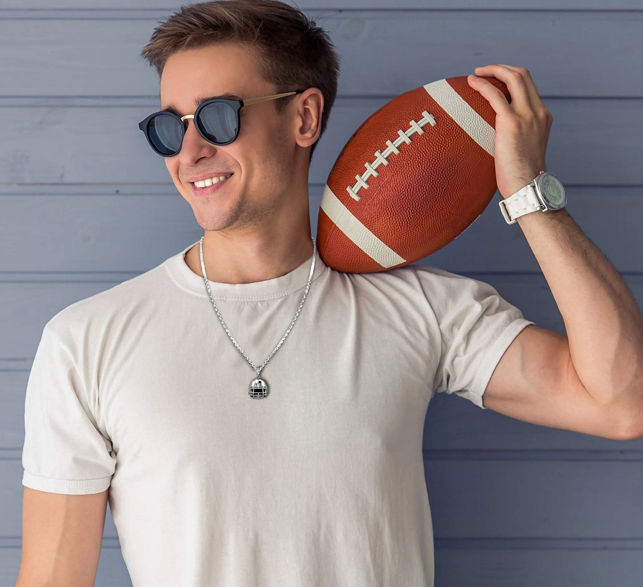 Large 925 Sterling Silver 3D Football Helmet Pendant Necklace, 22mm