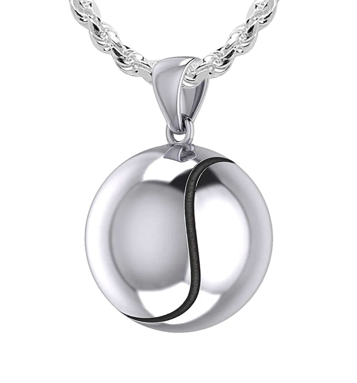 Large 925 Sterling Silver 3D Tennis Ball Pendant Necklace, 18.5mm