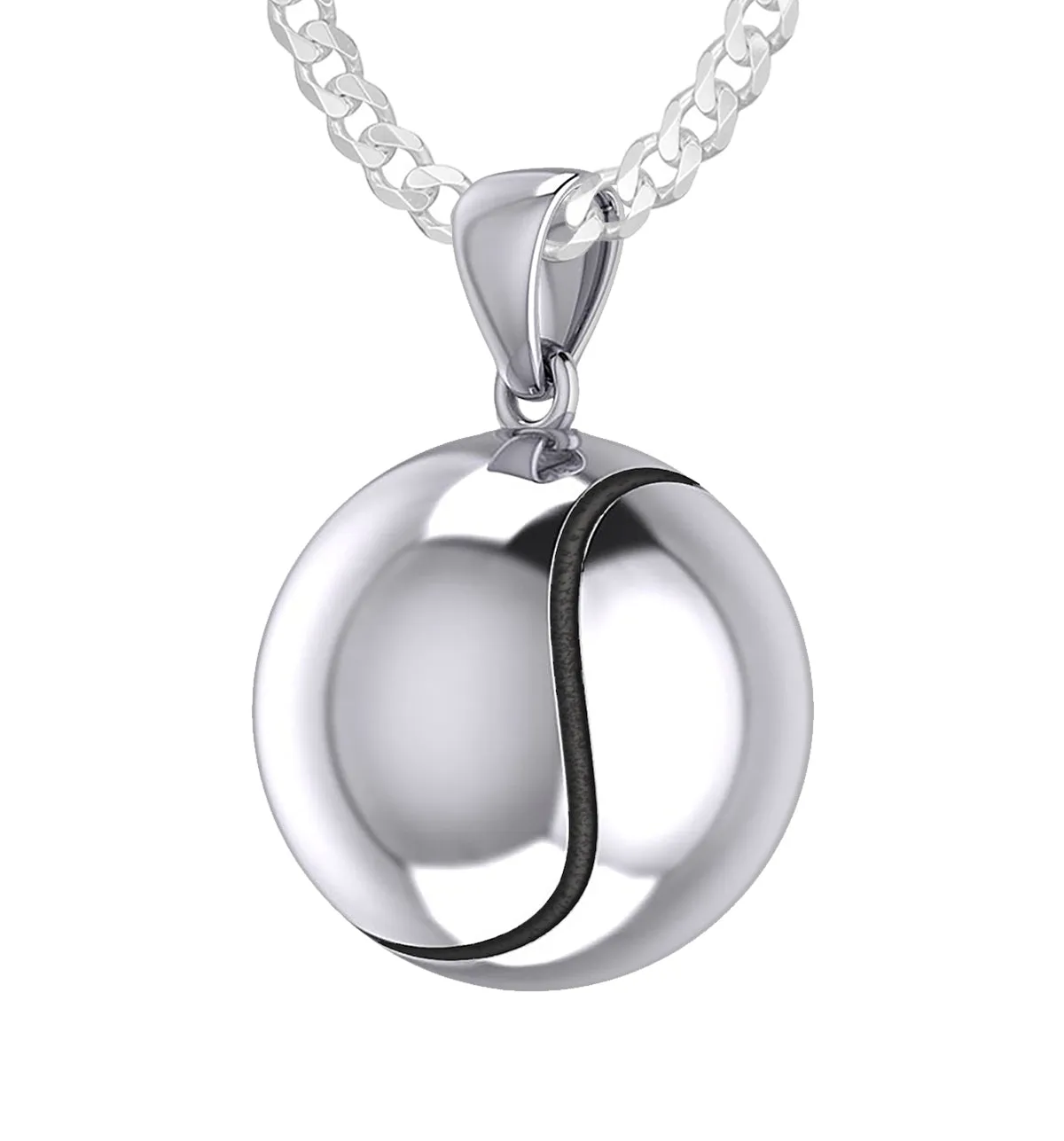 Large 925 Sterling Silver 3D Tennis Ball Pendant Necklace, 18.5mm
