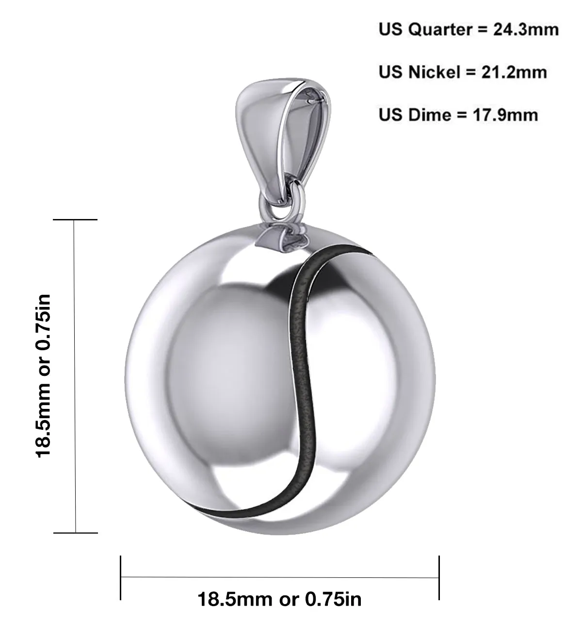 Large 925 Sterling Silver 3D Tennis Ball Pendant Necklace, 18.5mm