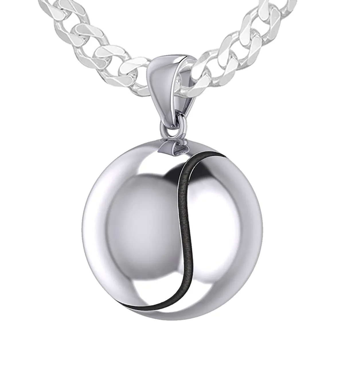 Large 925 Sterling Silver 3D Tennis Ball Pendant Necklace, 18.5mm