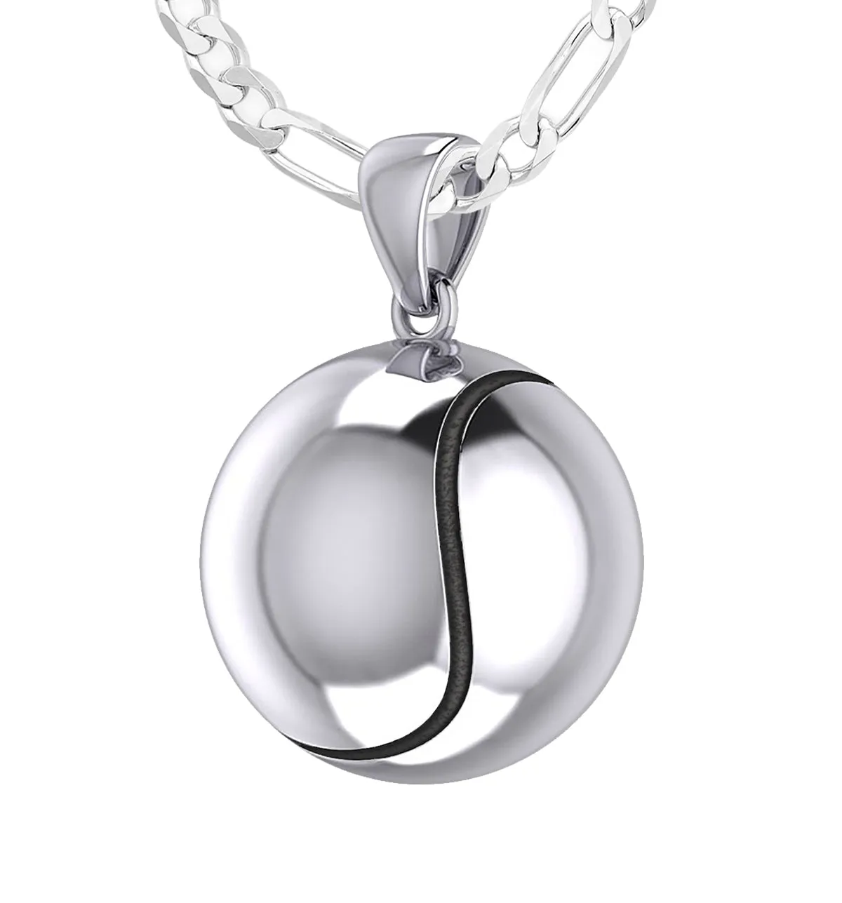 Large 925 Sterling Silver 3D Tennis Ball Pendant Necklace, 18.5mm