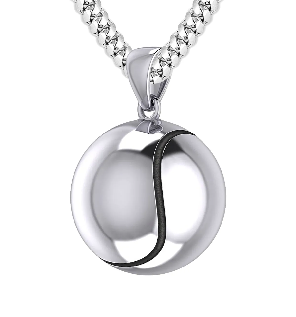 Large 925 Sterling Silver 3D Tennis Ball Pendant Necklace, 18.5mm