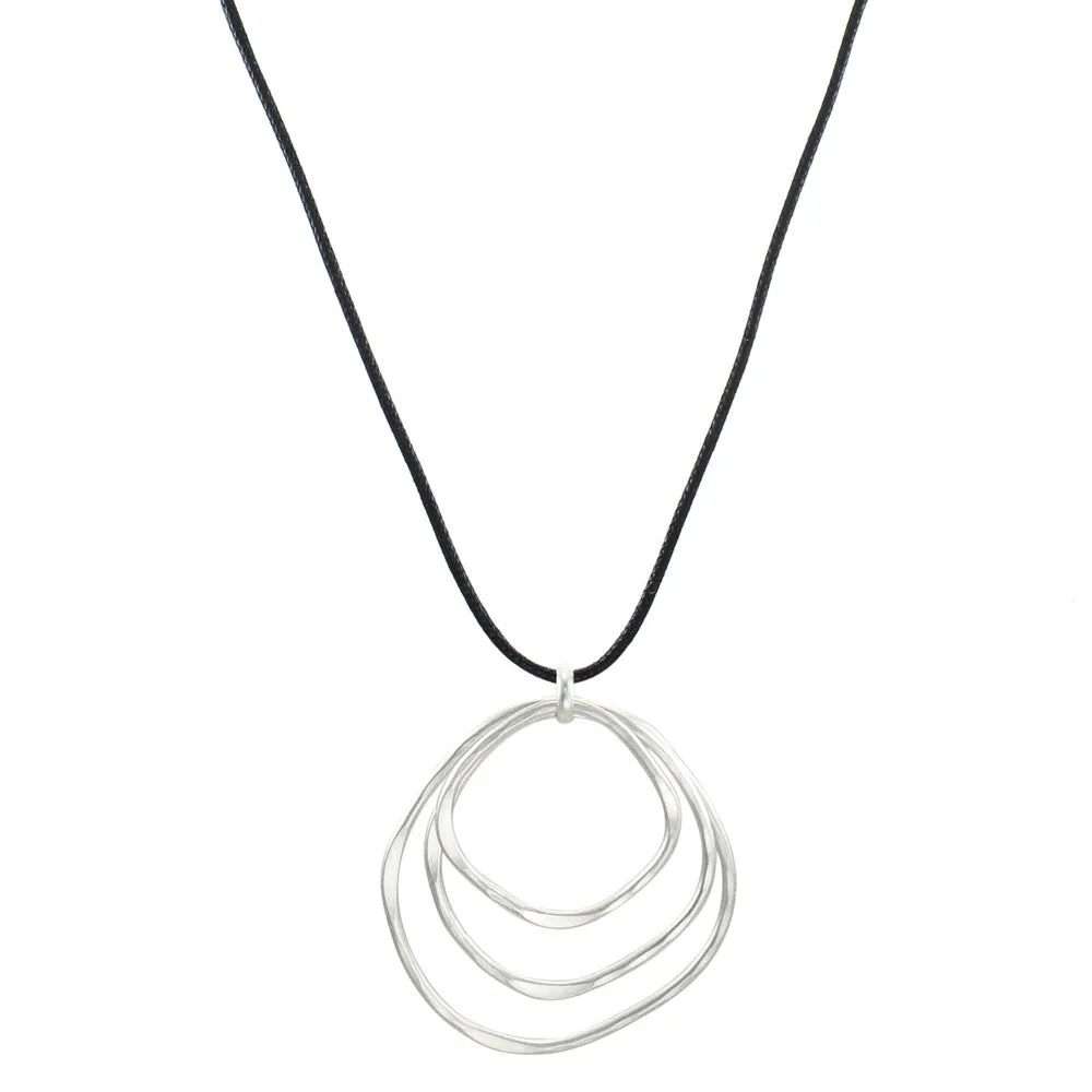 Large Tiered Hammered Rings on Black Cord Necklace