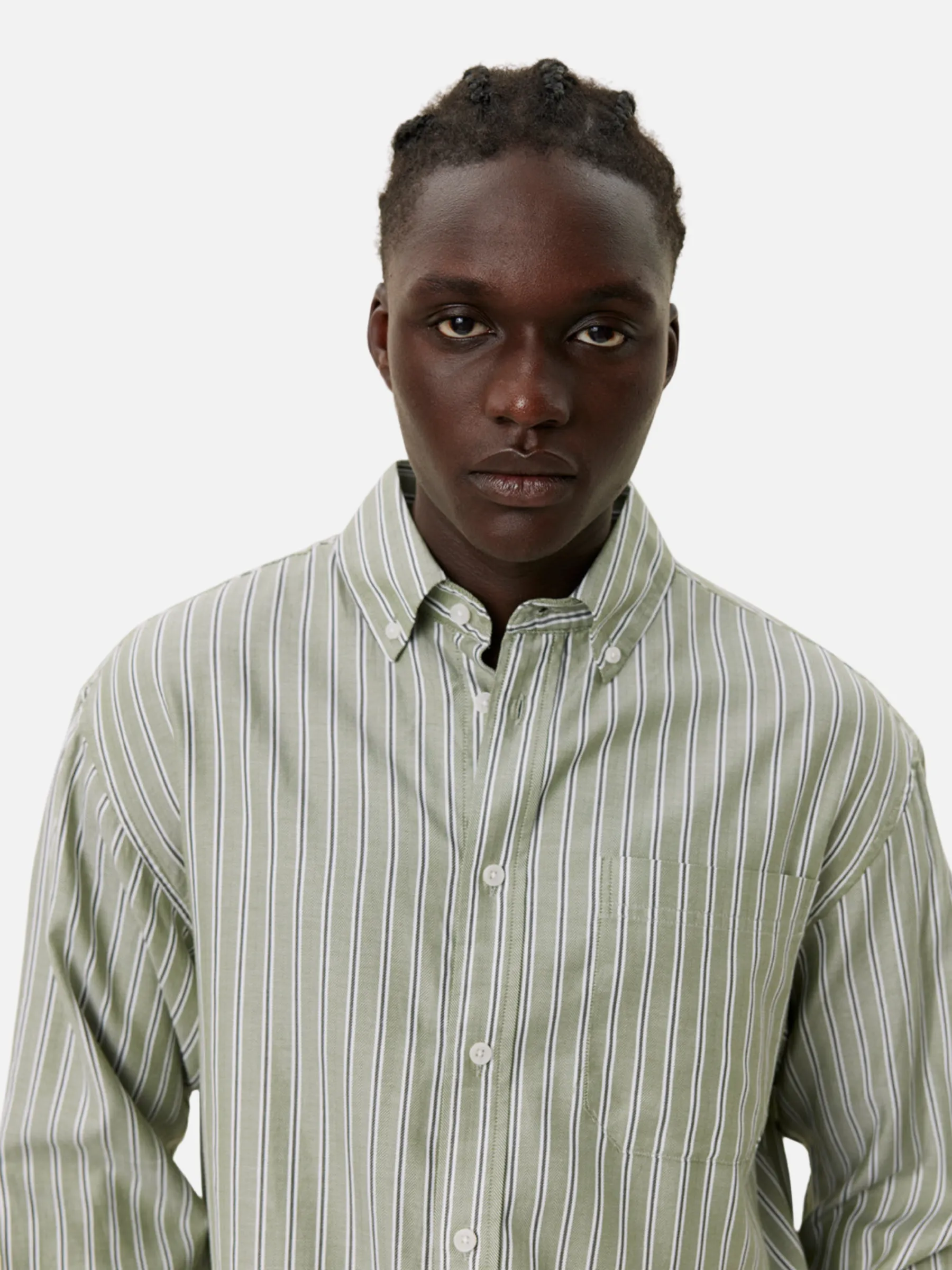 Les Deux Kolton Herringbone Poplin Shirt - White/Chive Green