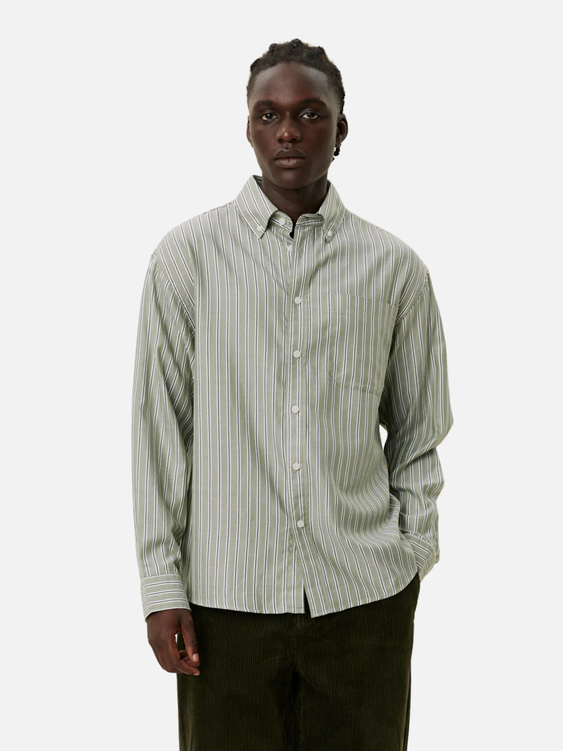 Les Deux Kolton Herringbone Poplin Shirt - White/Chive Green