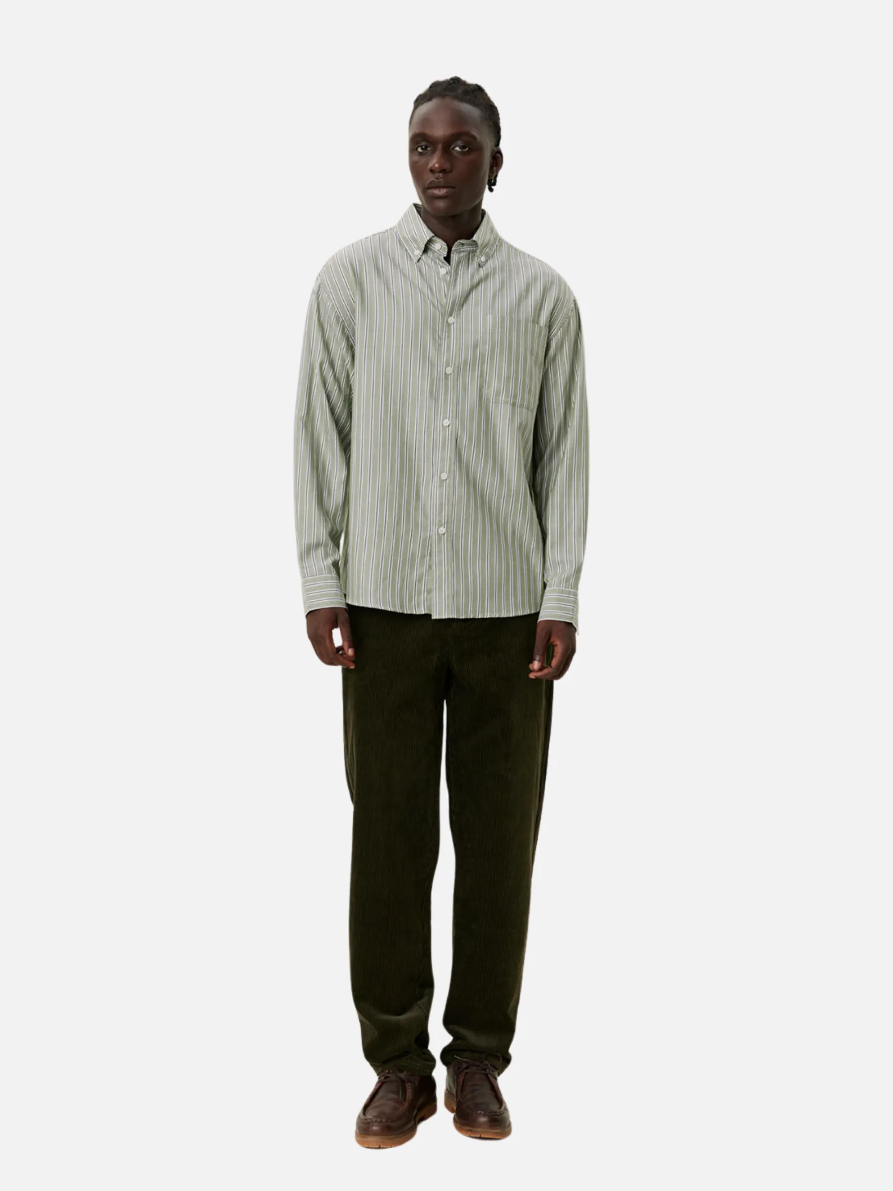 Les Deux Kolton Herringbone Poplin Shirt - White/Chive Green