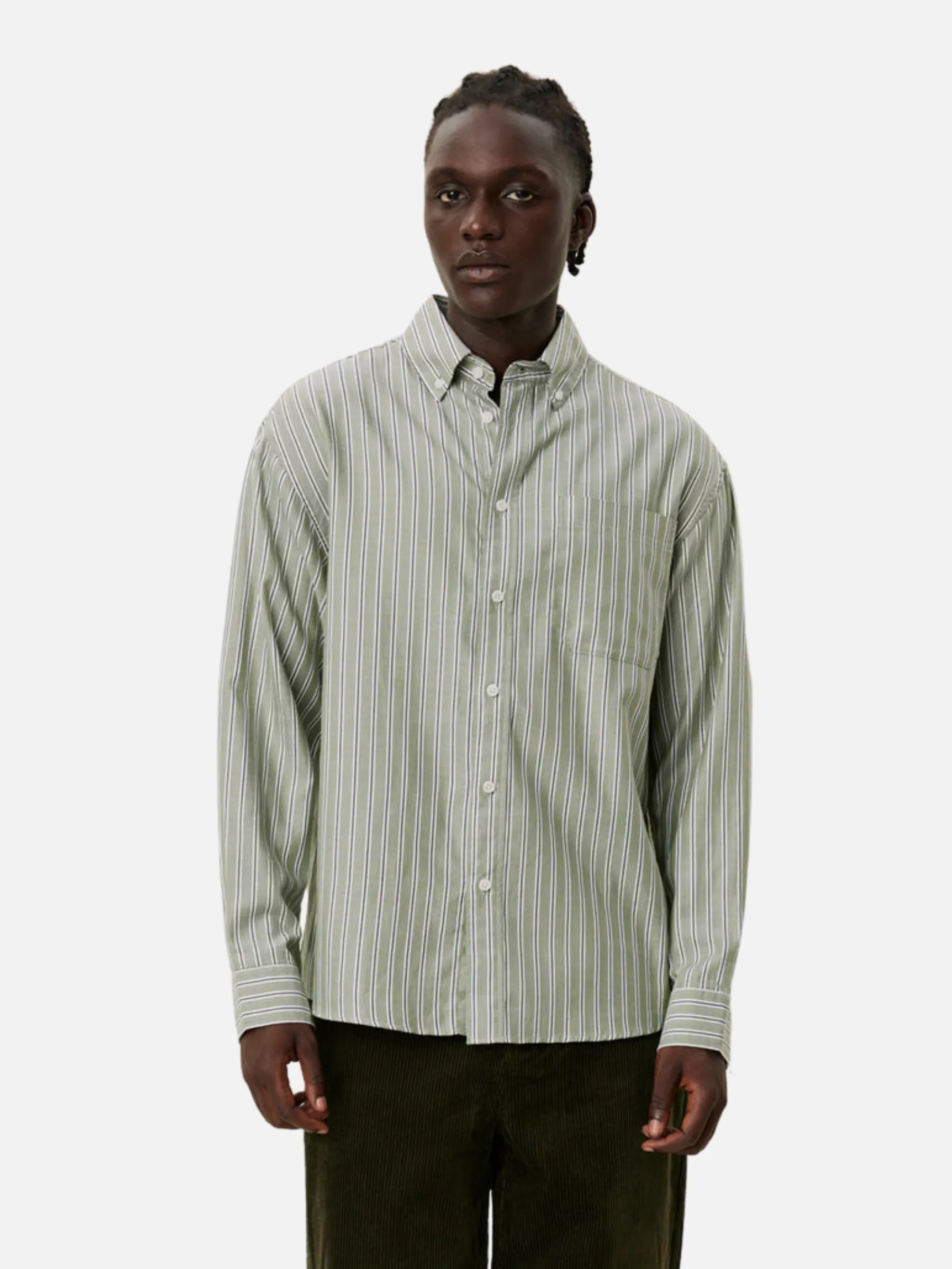 Les Deux Kolton Herringbone Poplin Shirt - White/Chive Green