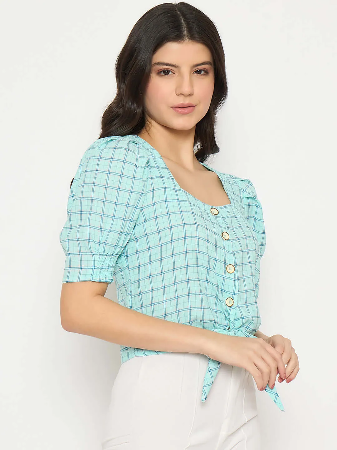Madame Chequered Knotted Front Mint Green Crop Top