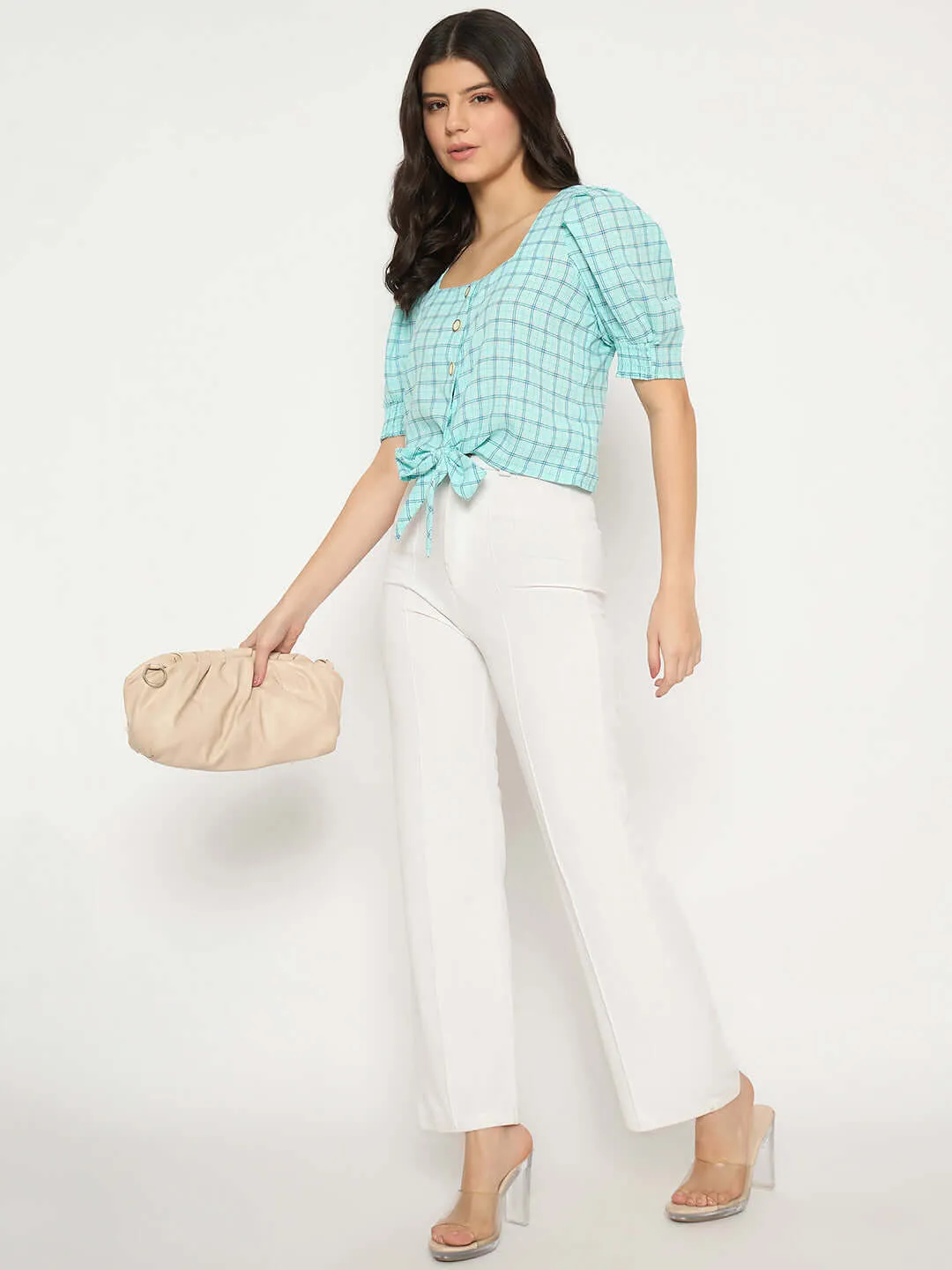 Madame Chequered Knotted Front Mint Green Crop Top
