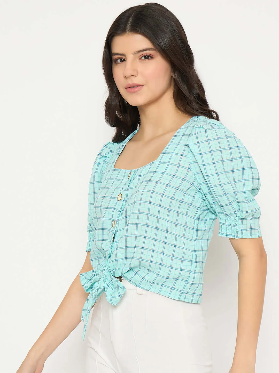 Madame Chequered Knotted Front Mint Green Crop Top