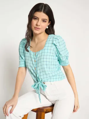 Madame Chequered Knotted Front Mint Green Crop Top