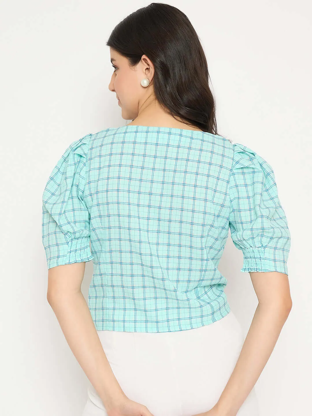 Madame Chequered Knotted Front Mint Green Crop Top