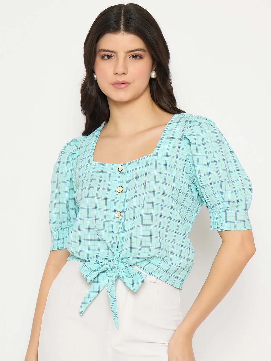 Madame Chequered Knotted Front Mint Green Crop Top