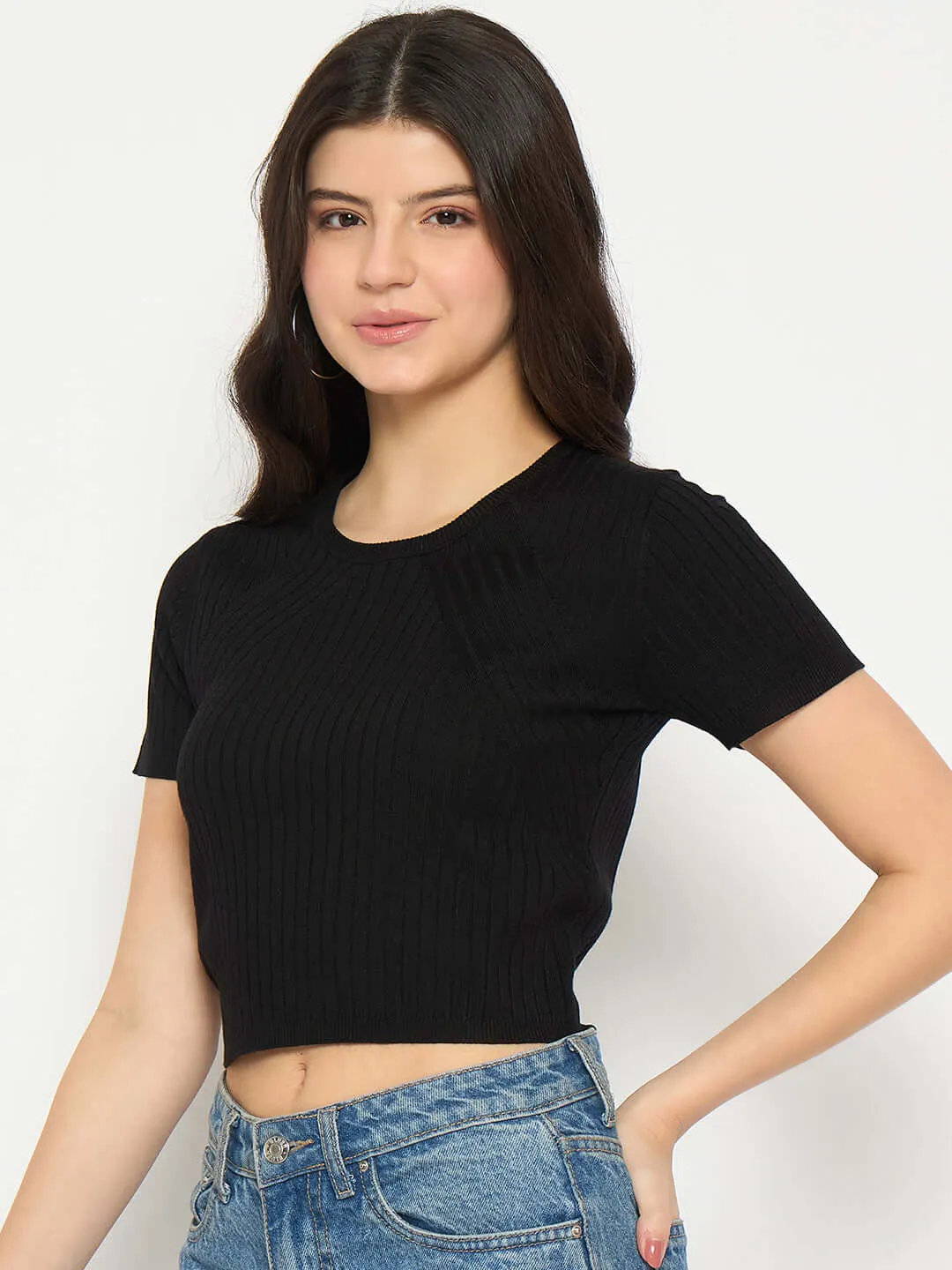 Madame Ribbed Solid Black Knitted Crop Top
