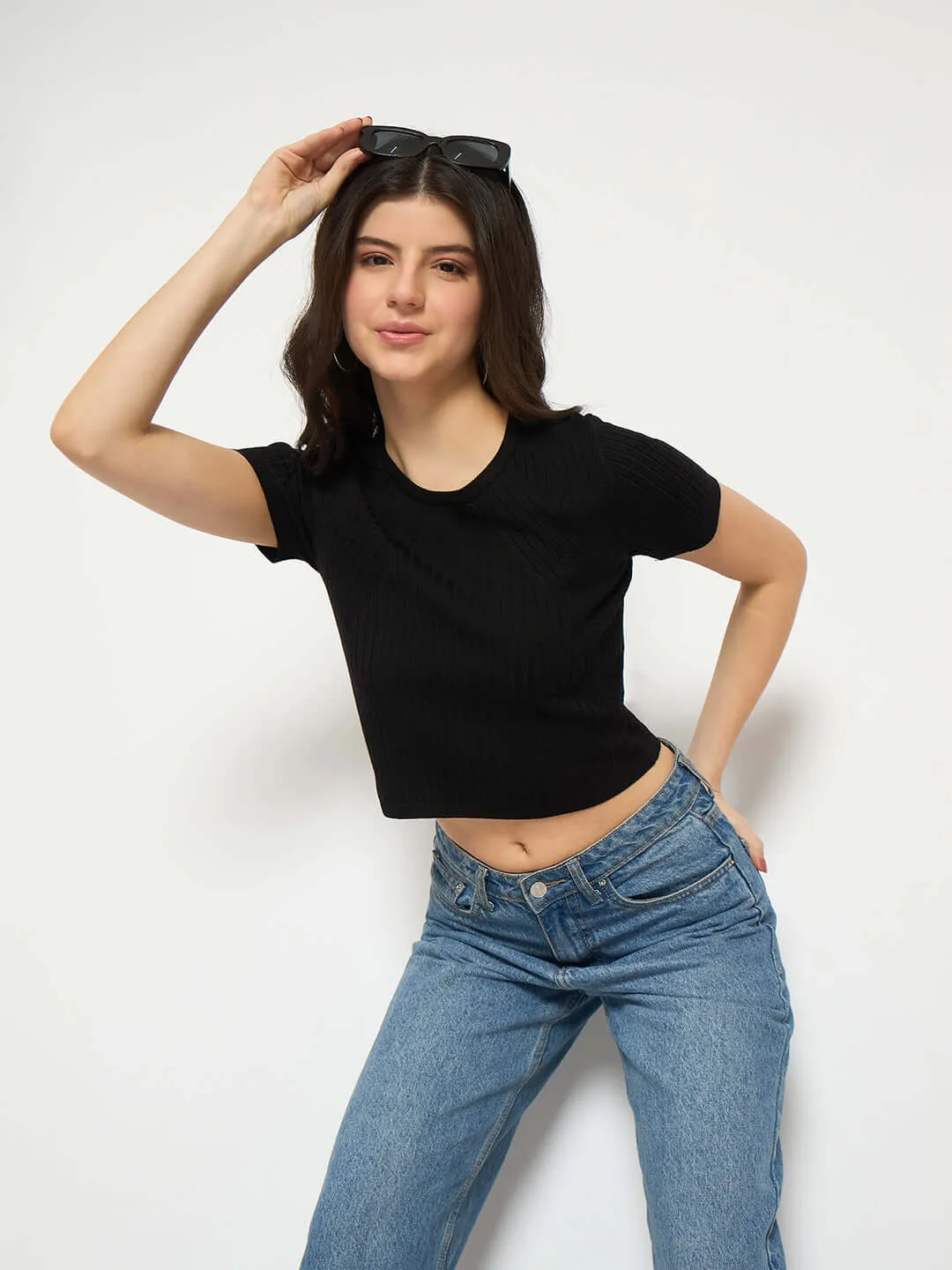 Madame Ribbed Solid Black Knitted Crop Top