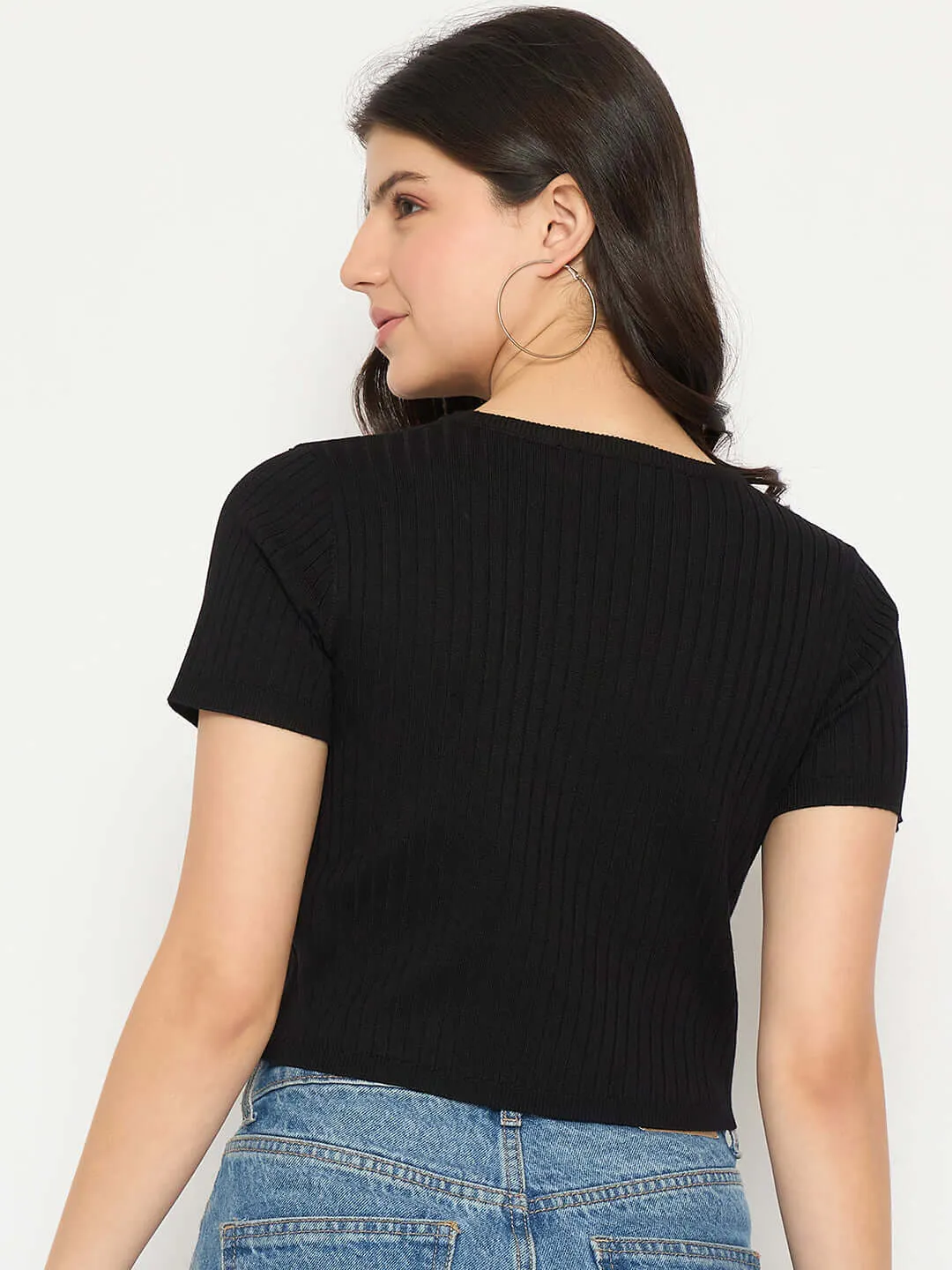 Madame Ribbed Solid Black Knitted Crop Top