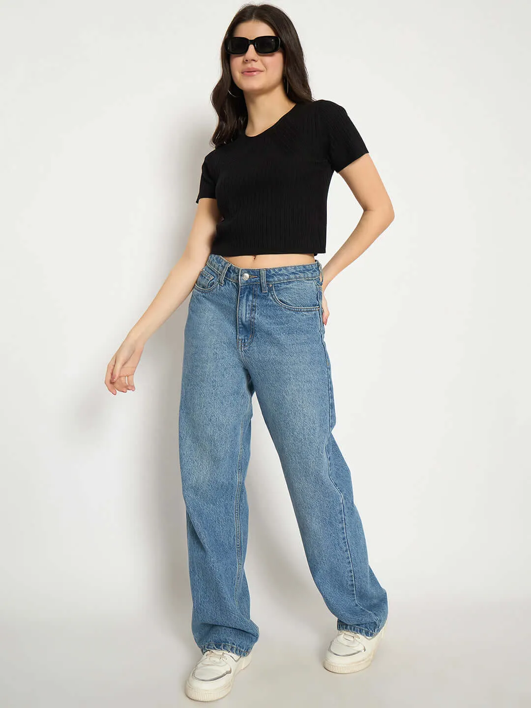 Madame Ribbed Solid Black Knitted Crop Top