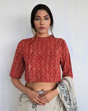 Maroon Frill Neck Handprinted Crop Top Cotton Blouse - God