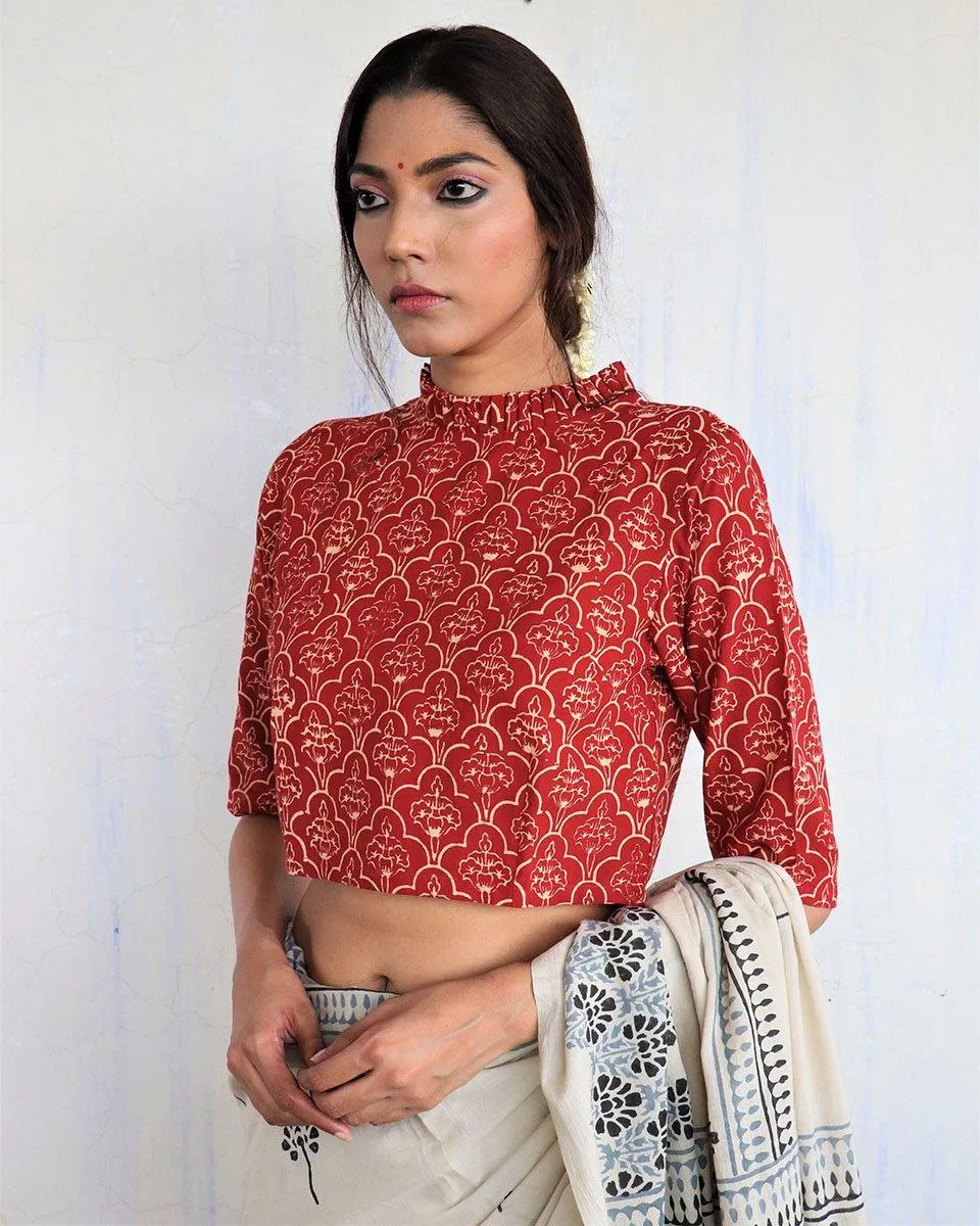 Maroon Frill Neck Handprinted Crop Top Cotton Blouse - God