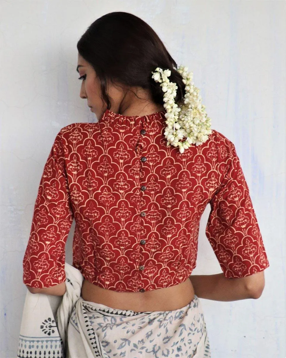 Maroon Frill Neck Handprinted Crop Top Cotton Blouse - God