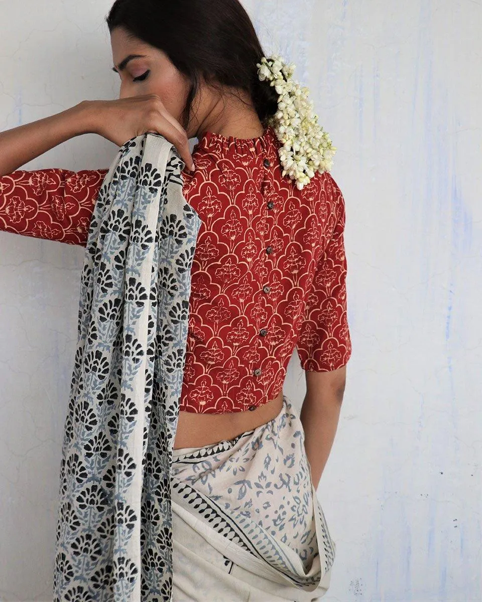 Maroon Frill Neck Handprinted Crop Top Cotton Blouse - God