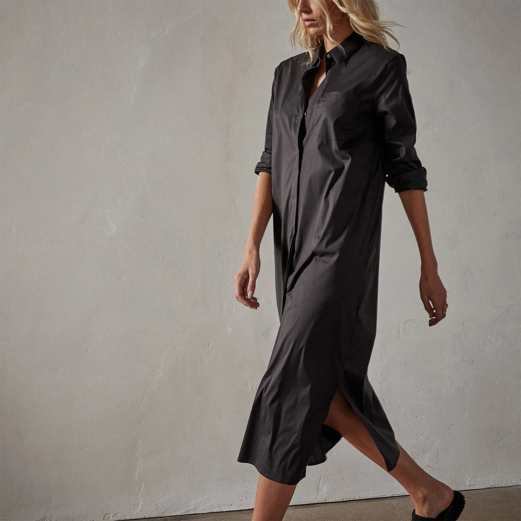 Matte Stretch Poplin Shirt Dress - Black