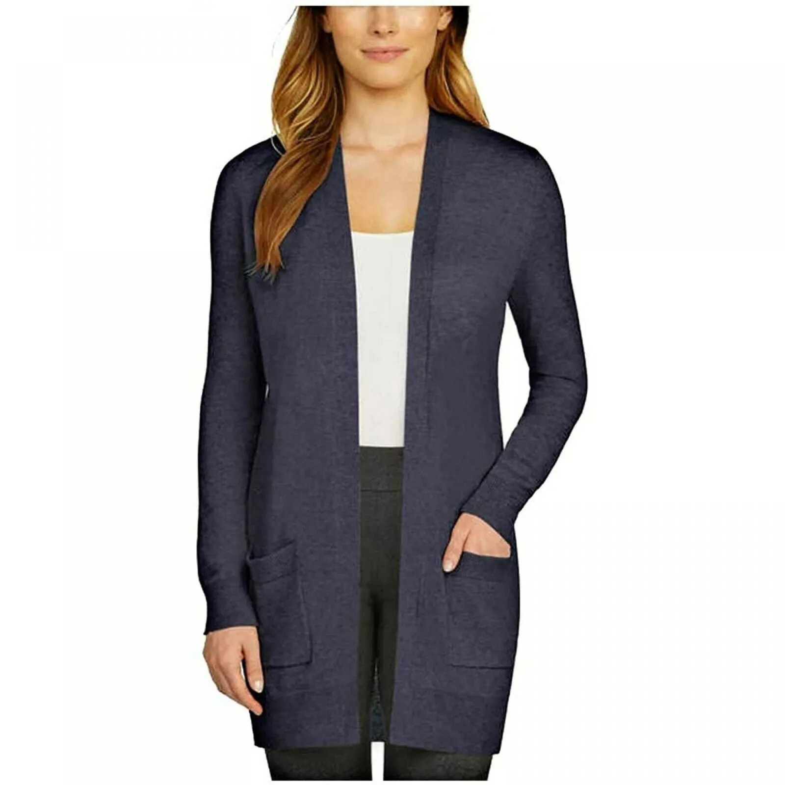 Matty M Women's Ribbed Accents Cardigan Sweater Blue Heather Small