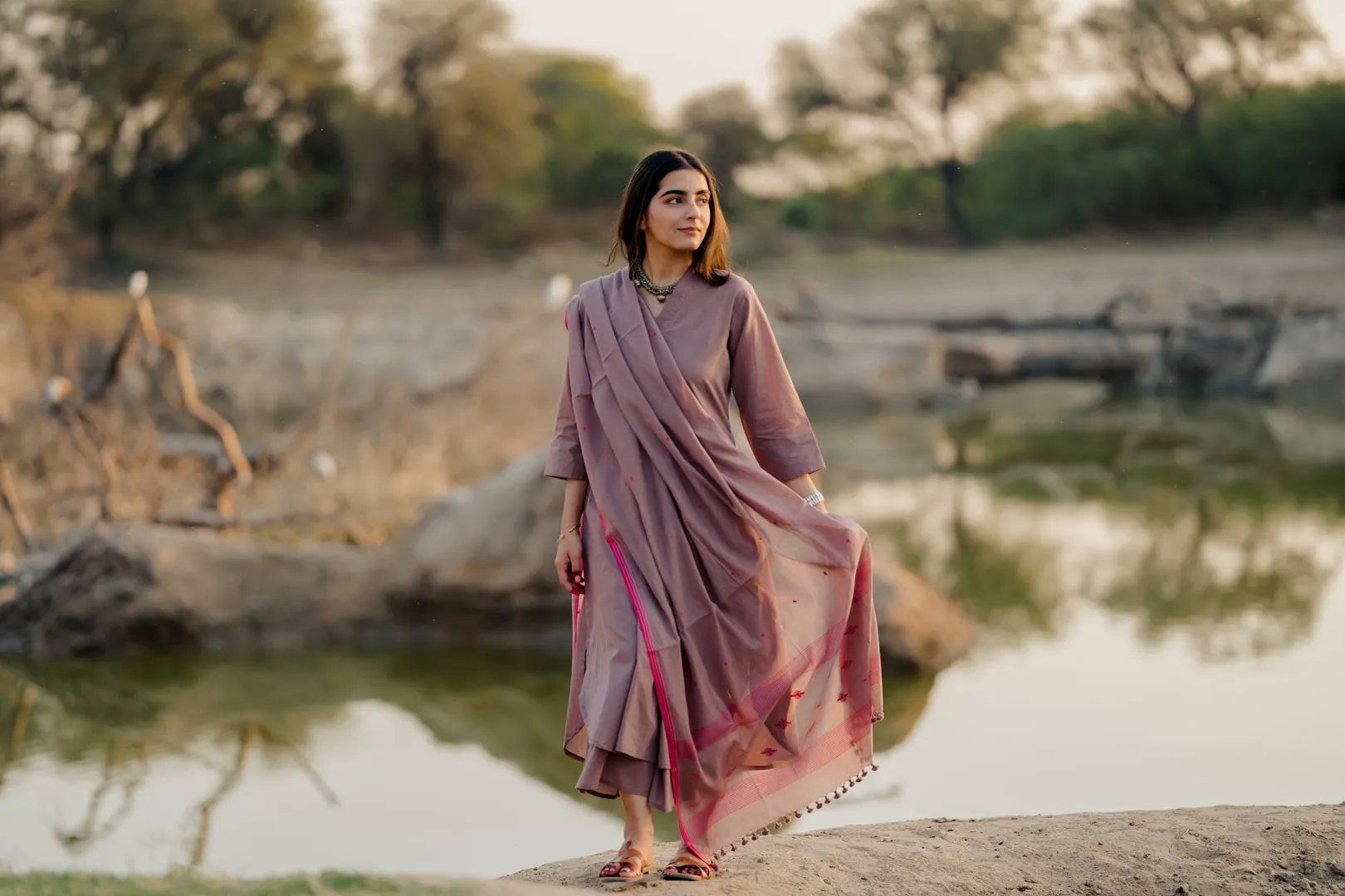 Mauve Kurta set with Jaamdani Dupatta