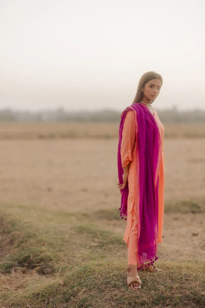 Melon Kurta set with Plum Jaamdani Dupatta