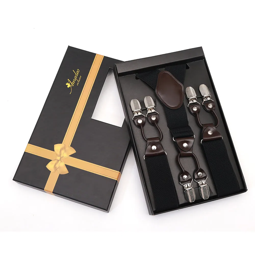 Men's Dual Clip Y Back Strap Solid Black High Quality Premium Suspenders