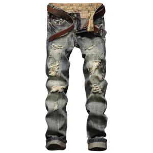 Men's Frayed Zipper Fly Five-pocket Straight Leg Ripped Jeans