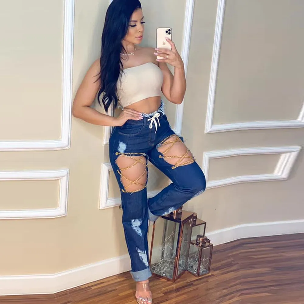 Metal Chain Hollow Out Patchwork Denim Women Fashion Drawstring Straight Ripped Jeans