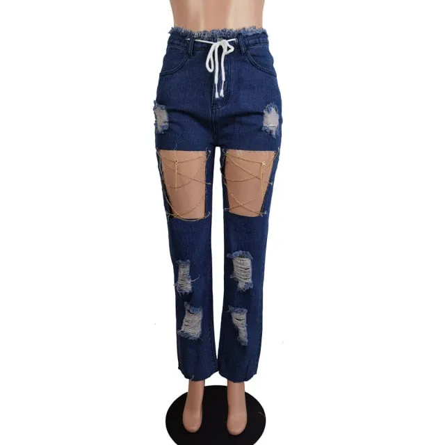 Metal Chain Hollow Out Patchwork Denim Women Fashion Drawstring Straight Ripped Jeans