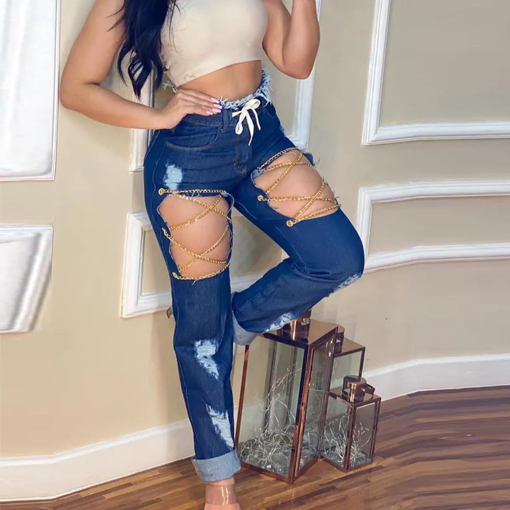 Metal Chain Hollow Out Patchwork Denim Women Fashion Drawstring Straight Ripped Jeans