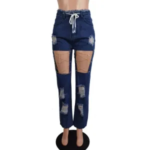 Metal Chain Hollow Out Patchwork Denim Women Fashion Drawstring Straight Ripped Jeans