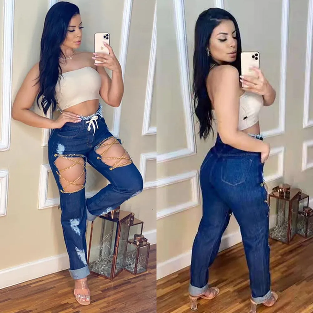 Metal Chain Hollow Out Patchwork Denim Women Fashion Drawstring Straight Ripped Jeans